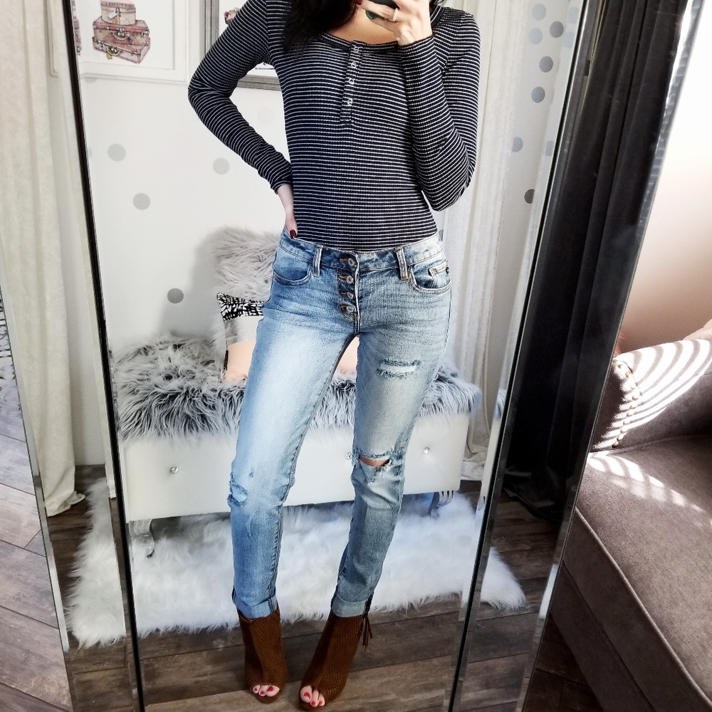 SALE Navy Stripe Henley Top Rib Knit Top - Picture 5 of 8